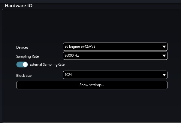 SPAT Hardware IO (Audio) preferences – AVB example