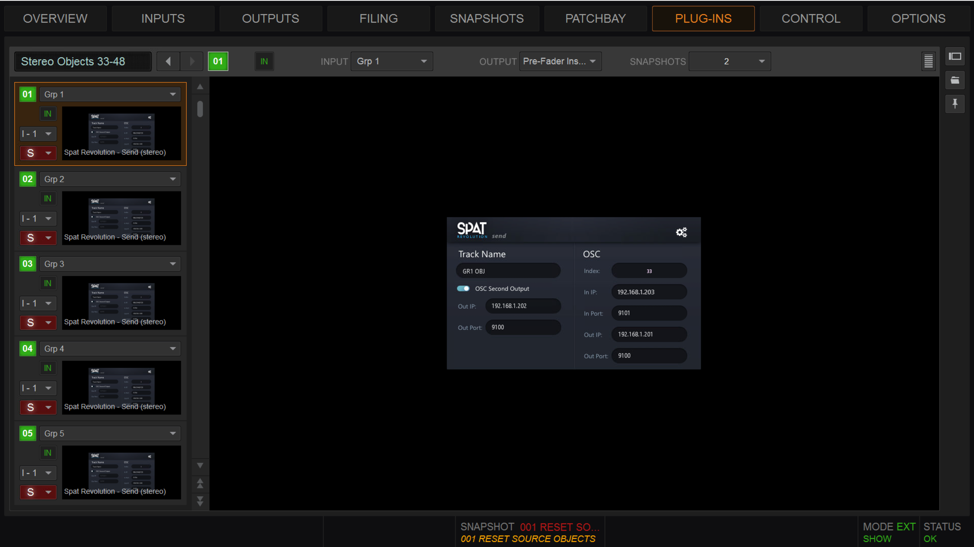 SPAT Send plugin in the Plugins rack of VENUE